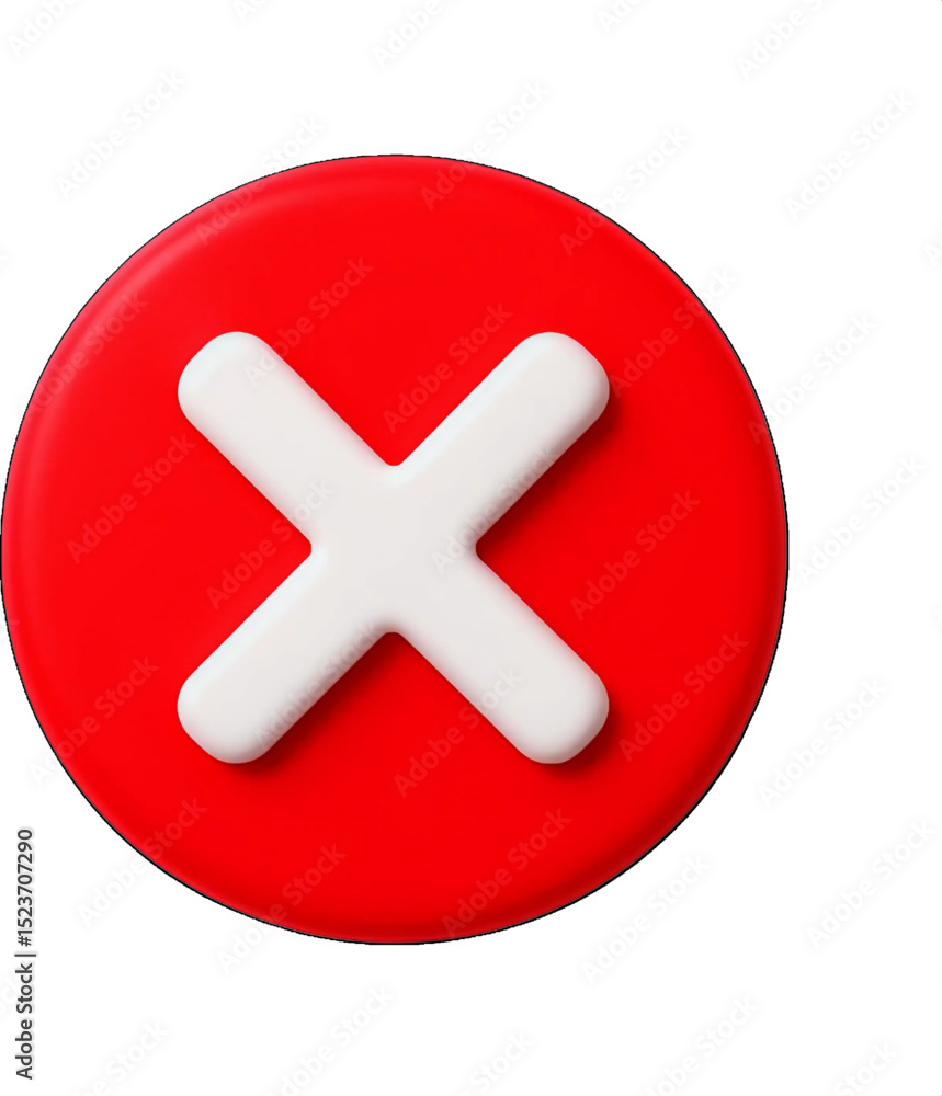 Fototapeta premium 3D Red Error Icon with White Cross Symbol Isolated on Transparent Background