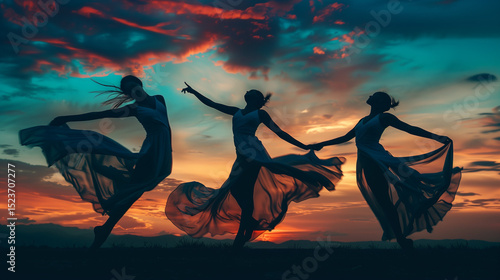 young women dancing on the beach silhouette expressing freedom of movement and joy