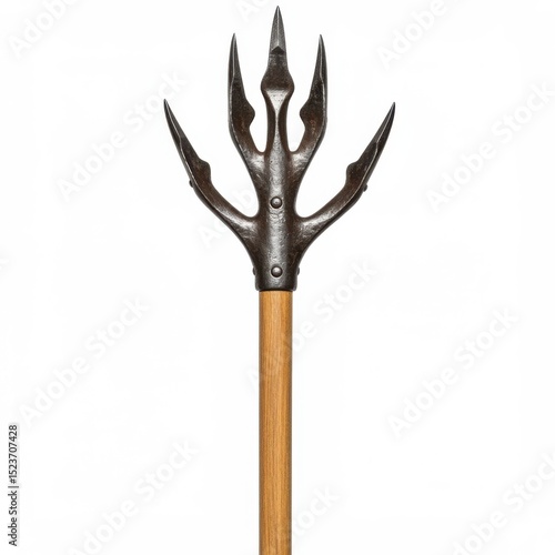 Antique fowling spear with wooden shaft isolated on white background