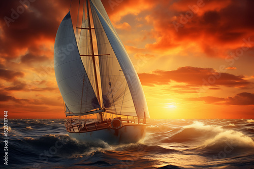 White sailboat at sunset over the beautiful ocean.
