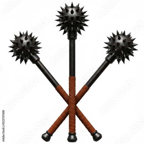 Three spiked maces crossed together isolated on white background