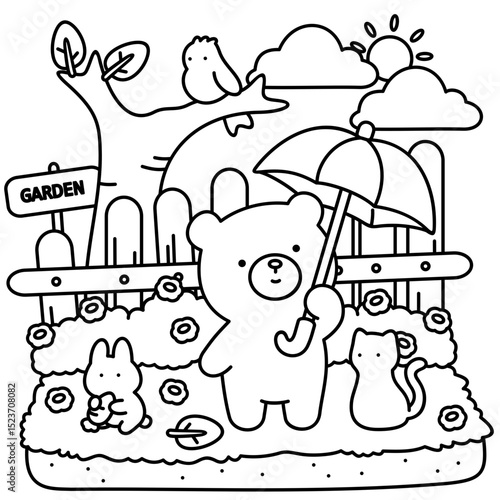 Little Bear goes for a walk in the garden on a sunny day, easy coloring for kids, vector, illustration, coloring book, coloring page, cozy, cute, bold, comfy