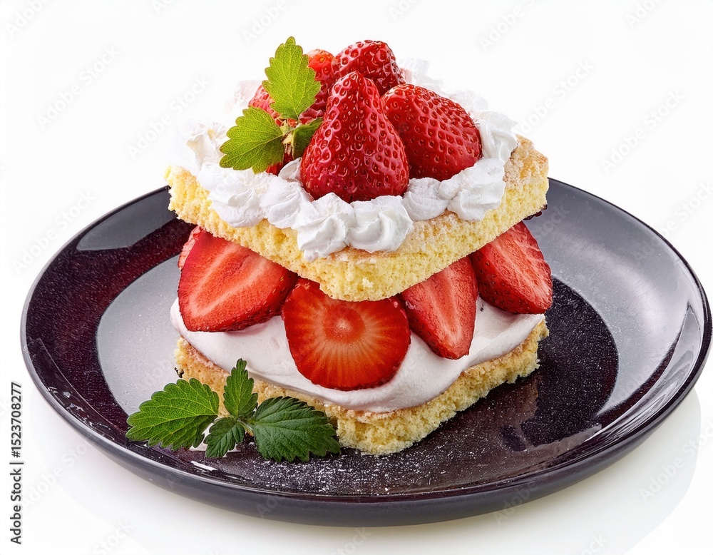 Sweet cake with fresh red berries and creamy topping sits on a plate, waiting to be enjoyed as a dessert or a tasty snack on a bright background. Sweet cake with fresh red berries and creamy topping sits on a plate, waiting to be enjoyed as a dessert or a tasty snack on a bright background.