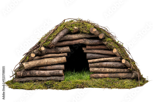  Primitive shelter made of logs and moss, survival structure on grassy ground, eco-friendly handmade woodland hideout