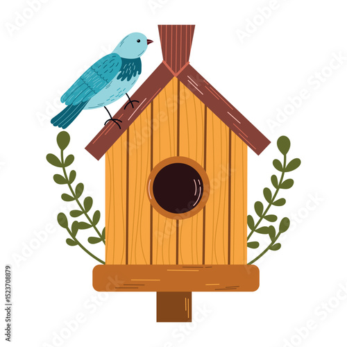 Birdhouse with a bird.Isolated vector illustration of a birdhouse with a cute bird and budding flowers on a white background, whimsical and inviting, symbolizing spring.