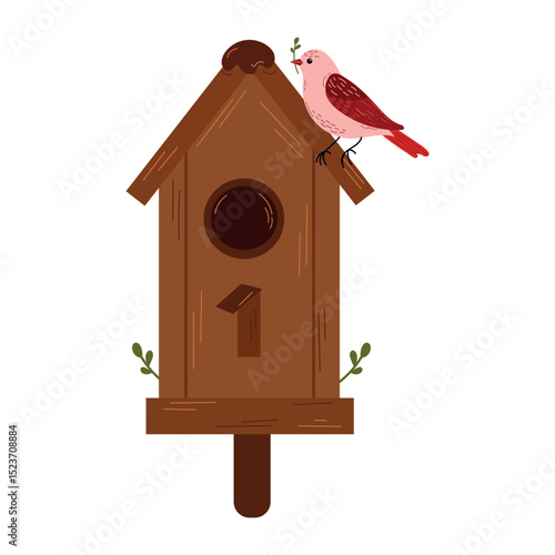 Birdhouse with a bird.Isolated vector illustration of a birdhouse with a cute bird and budding flowers on a white background, whimsical and inviting, symbolizing spring.