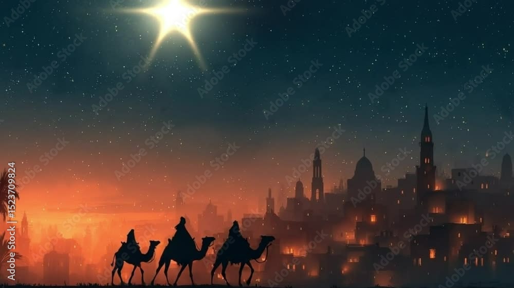 Three wise men journey with camels under a starry sky as a guiding star ...