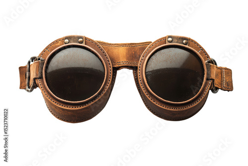  Retro leather aviator goggles isolated on white, round lenses framed by rugged strap, nostalgic design, vintage protective eyewear
