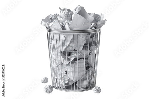  Overflowing trash bin filled with crumpled paper, isolated white background, symbol of waste, overproduction, and discarded ideas
