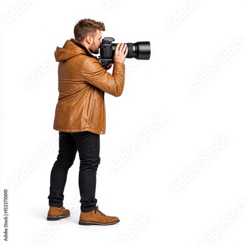 Male photographer in brown leather jacket uses a professional camera with a large lens against a white background. He is captured from behind