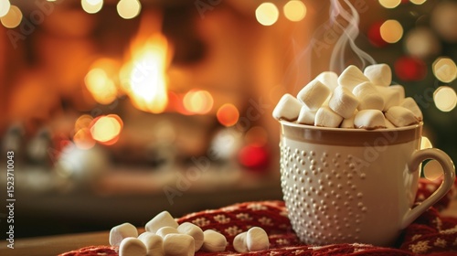 A steaming cup of hot chocolate topped with marshmallows, on a cozy fireplace mantel.
