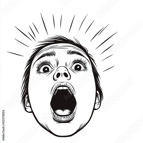 Dramatic monochrome drawing featuring a person with eyes wide open and mouth agape, conveying shock or fear, with radiating lines suggesting intense
