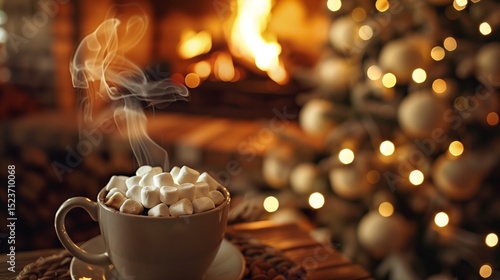 A steaming cup of hot chocolate topped with marshmallows, on a cozy fireplace mantel.