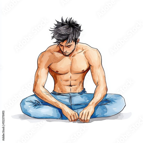A muscular man sits cross legged on the floor, his head bowed in contemplation. He is shirtless, wearing light blue jeans, against a white