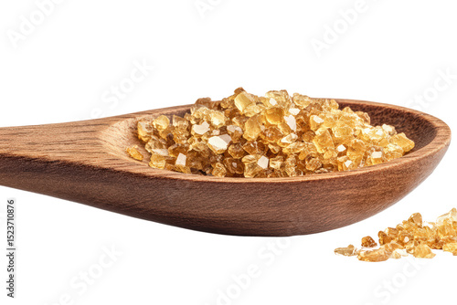  Brown sugar crystals in wooden spoon, golden translucent texture sparkles under studio light, sweet and natural kitchen staple.