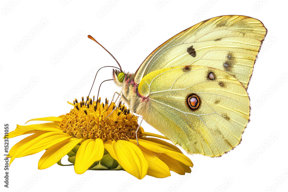 Fototapeta premium Yellow butterfly perched on sunflower center, delicate wings with soft spots feeding on nectar in sunny natural setting.