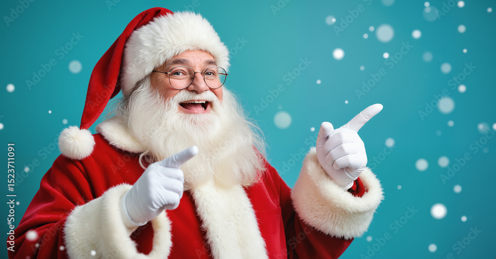 Cheerful Santa Claus with Pointing Gesture - Traditional Christmas Character for Sales and Promotional Events, Holiday Marketing Campaigns, and Seasonal Advertising Cheerful Santa Claus with Pointing Gesture - Traditional Christmas Character for Sales and Promotional Events, Holiday Marketing Campaigns, and Seasonal Advertising