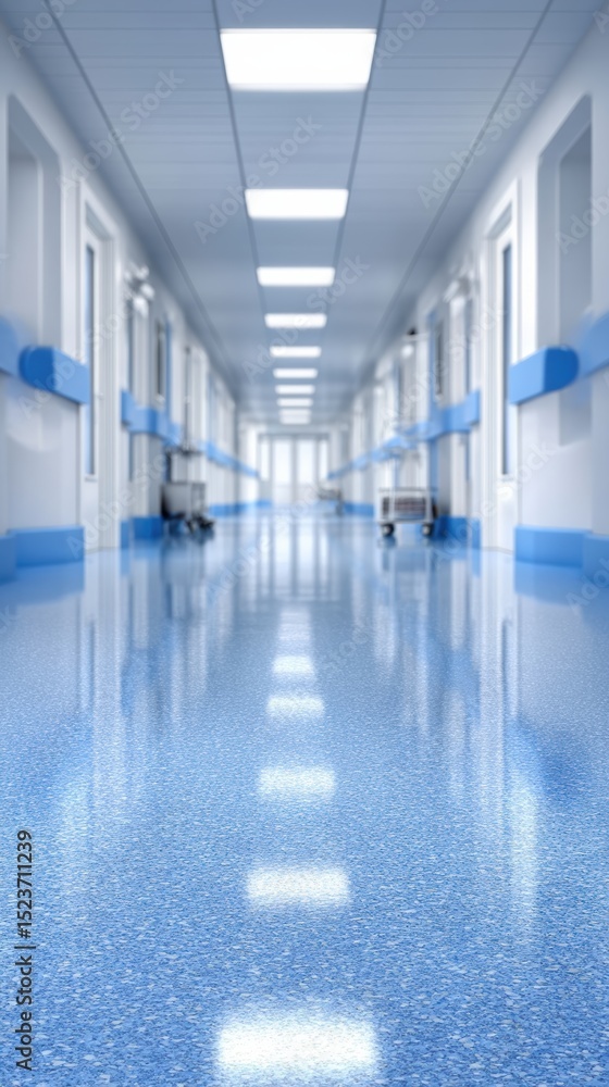 Sterile hospital hallway with polished blue floor Sterile hospital hallway with polished blue floor