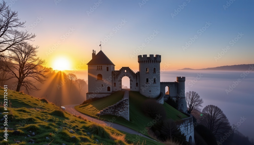 Fototapeta premium A medieval castle on a hill overlooks a foggy valley at sunrise, with sun rays casting dramatic light across the landscape.
