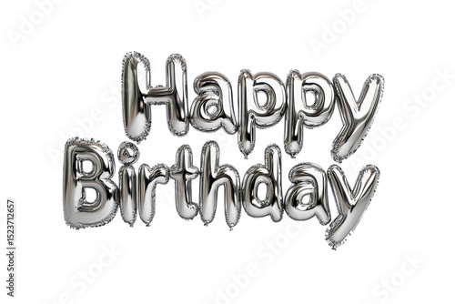Silver metallic happy birthday balloon letters floating isolated over white space for festive celebration.

