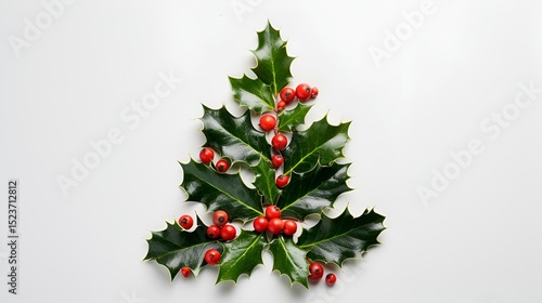 A detailed shot of holly leaves and berries arranged in the shape of a Christmas tree, isolated on a white background.