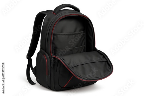 Open Black Backpack with Red Trim Displayed on a White Background