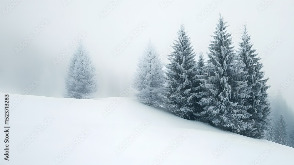Fototapeta premium Winter foggy landscape with pine trees nature scene snowy environment serene viewpoint