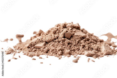  Cocoa powder pile with soft texture and crumbles around edges, fine dry blend on clean white background.