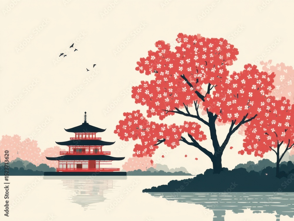 Obraz premium Cherry blossom viewing at tranquil lake japanese pagoda graphic art serene environment aesthetic viewpoint