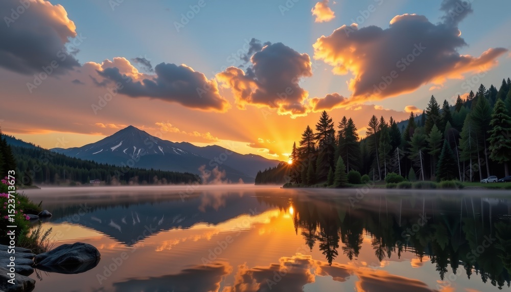 Fototapeta premium A serene lake reflects a vibrant sunset, with mountains, pine trees, and colorful clouds creating a stunning natural landscape.