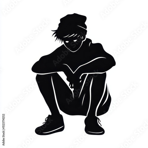 Black and white silhouette of a person sitting on the ground, wearing a beanie and sneakers. The figure is depicted in a contemplative pose