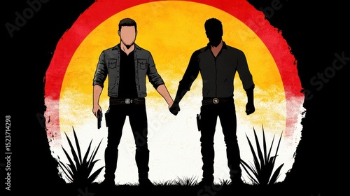 Silhouette of two men holding hands against a sunset, desert plants at the bottom, grunge effect