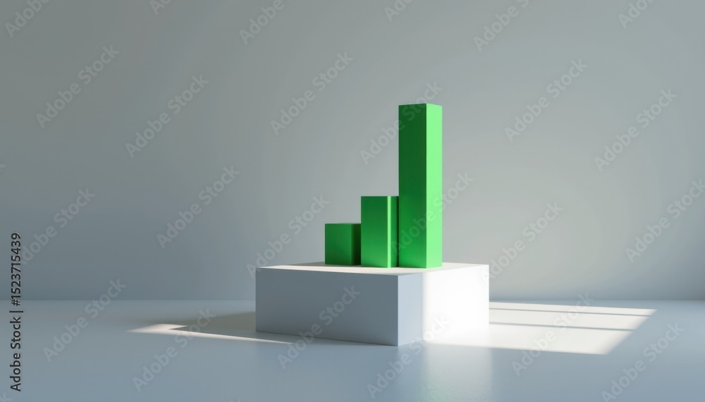 Minimalist green bar chart sculpture sits on a pedestal in a well-lit, modern room with a neutral background. Minimalist green bar chart sculpture sits on a pedestal in a well-lit, modern room with a neutral background.