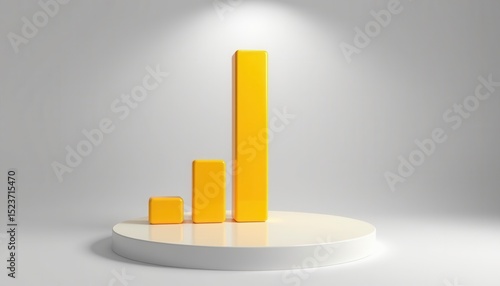 A 3D yellow bar chart with three ascending bars stands on a round white platform under a spotlight, symbolizing growth and success.