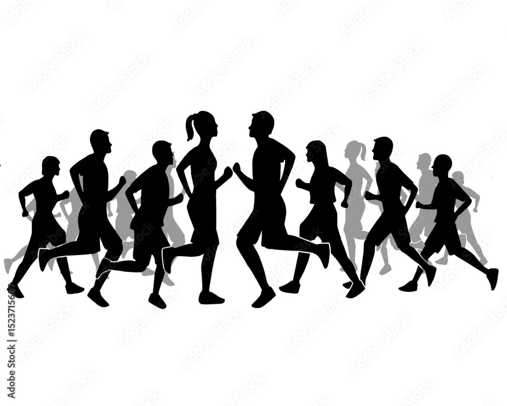 Silhouette of crowd of young people running, morning jogging, side view, isolated icon on white background. Silhouette of crowd of young people running, morning jogging, side view, isolated icon on white background.