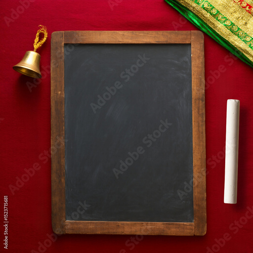 Traditional Indian Slate Chalkboard with Bell and Chalk on Red Background