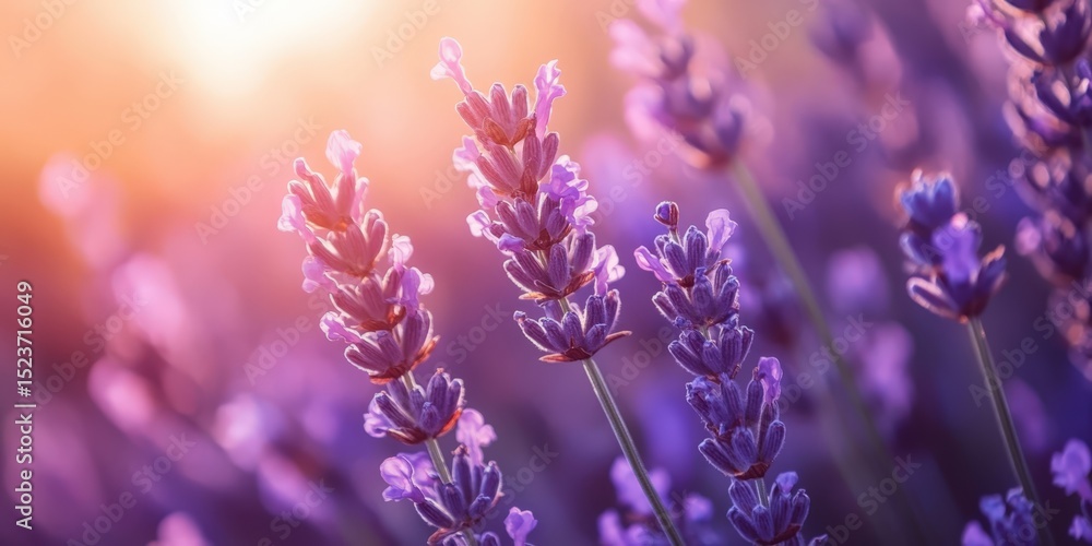 Naklejka premium Lavender Field at Sunset. Close Up of Purple Lavender Flowers in Summer