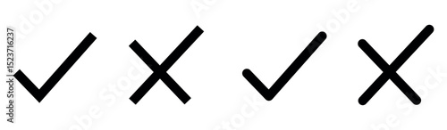Right or wrong icons. Tick and cross marks in black color. Yes or no symbol, approved or rejected icon for user interface.