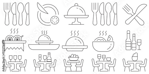 Catering icon set. Containing food service, event planning, dish, table setting, delivery, buffet, fine dining, waiter, tray, food cart, chef and more. Editable line icons. Vector illustration.