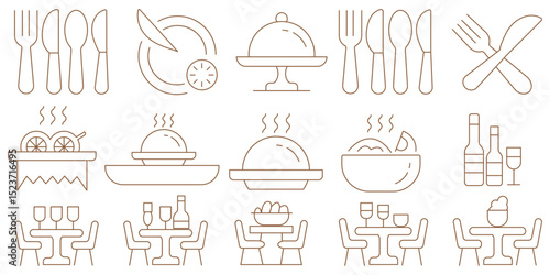 Catering icon set. Containing food service, event planning, dish, table setting, delivery, buffet, fine dining, waiter, tray, food cart, chef and more. Editable line icons. Vector illustration.
