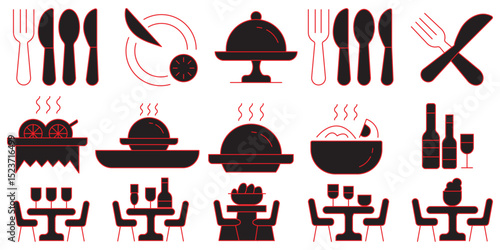 Catering icon set. Containing food service, event planning, dish, table setting, delivery, buffet, fine dining, waiter, tray, food cart, chef and more. Editable line icons. Vector illustration.
