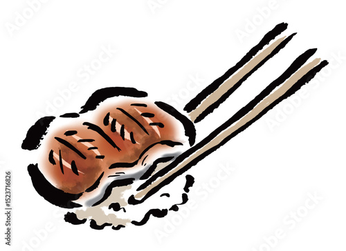 箸でつかんだ鰻ご飯　筆タッチ手描きイラスト