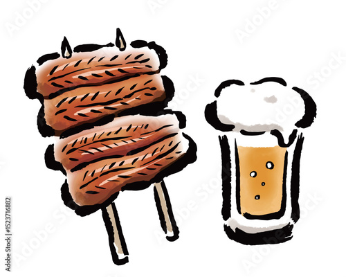 うなぎの蒲焼きとビール　筆タッチ手描きイラスト