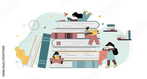 Reading concept. A group of men and women reading. Readers exchange literature. Exchange, lend and recommend paper books. Book Festival.eps