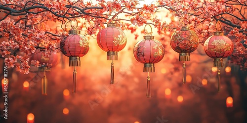 Ornate Chinese New Year decorations with lanterns, flowers, and banners, showcasing auspicious symbols and festive mood. Celebrating luck, prosperity, and cultural heritage.