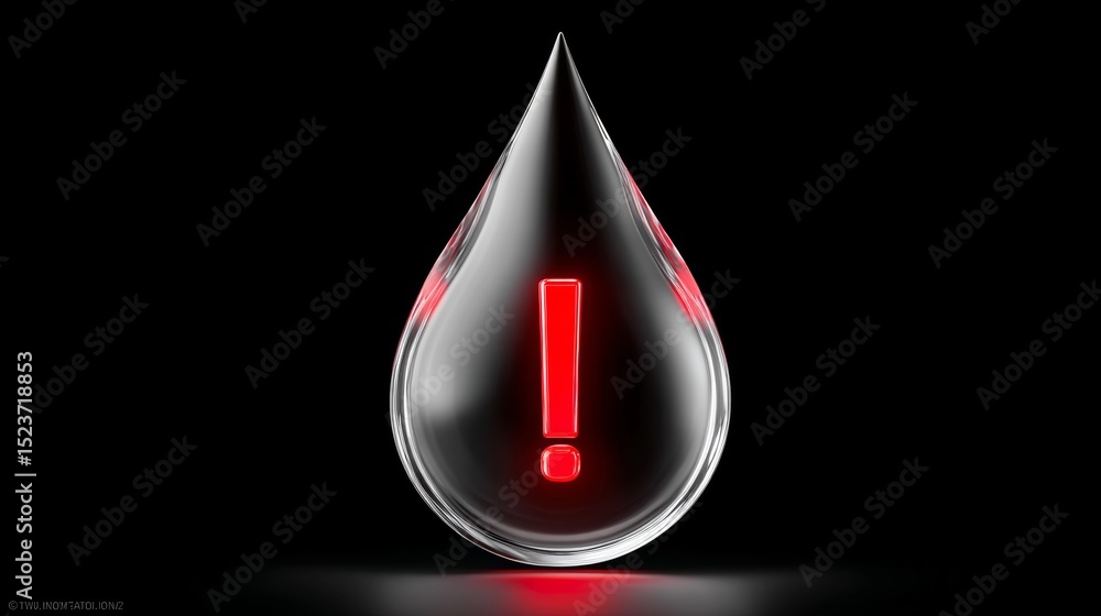 Fototapeta premium Transparent water droplet with a glowing red exclamation mark inside, set against a dark background, symbolizing urgency and alertness in a visually striking and modern design