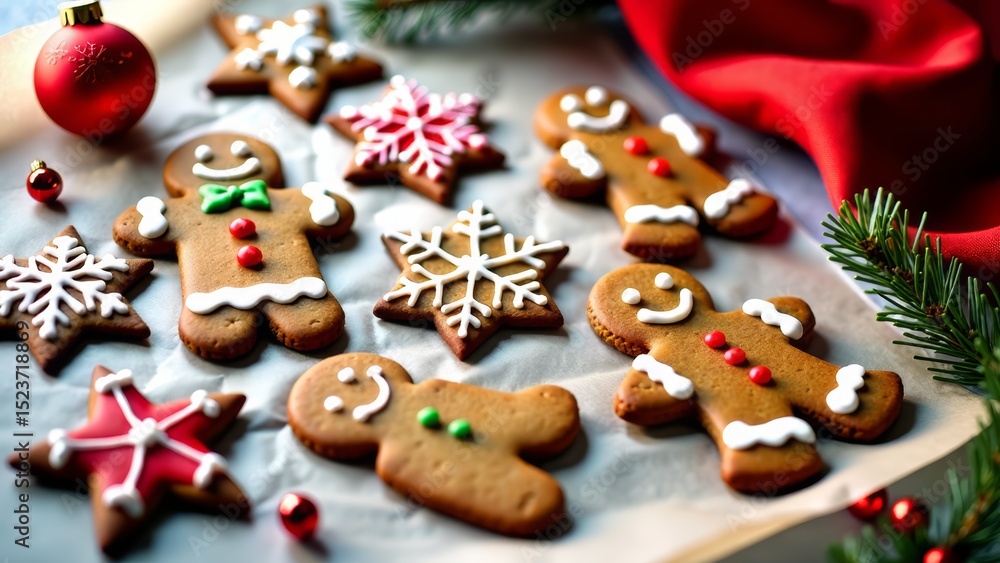 Festive gingerbread cookies on parchment for christmas Festive gingerbread cookies on parchment for christmas