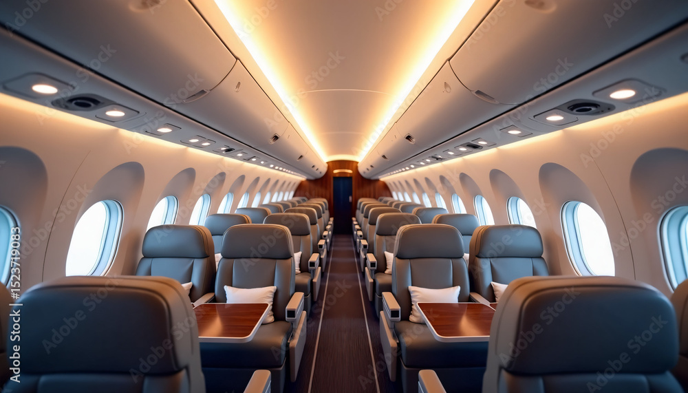 Fototapeta premium Luxury airplane cabin interior with empty leather seats