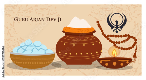 Guru Arjan Dev Ji Commemoration Vector Banner Set - Sikh Religious Graphics with Diyas, Lotus & Khanda-01
