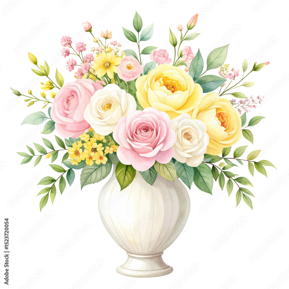 Obraz premium Pastel roses and wildflowers in vase, isolated on transparent background, create a floral arrangement. Spring, love, decoration.